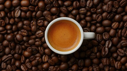 Fototapeta premium A top-down view of a white cup filled with espresso, surrounded by a spread of roasted coffee beans, creating a rich and aromatic composition.