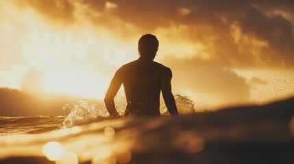 A surfer rides a wave at sunset, creating a silhouette against a fiery sky.