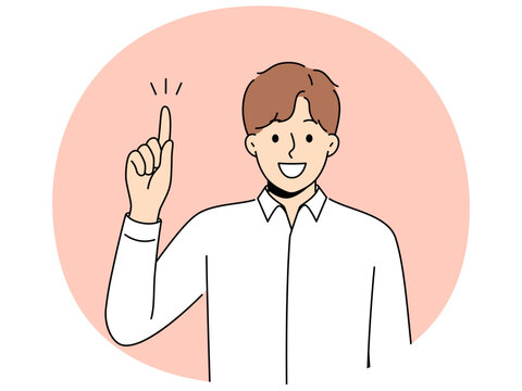 Man raises finger and says there is idea or advice to solve difficult problem. Smiling guy in white shirt points up and looking at screen, sharing brilliant idea for success or career growth