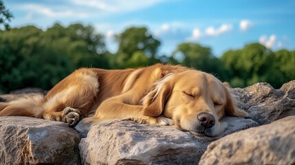 A golden retriever is sleeping on rocks in a field. Trees and a blue sky are in the background. The dog looks sad.