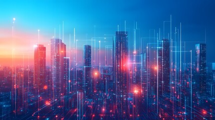 Scalability: An expansive view of a digital city growing exponentially, with scalable business models represented by expanding skyscrapers and interconnected, glowing network lines