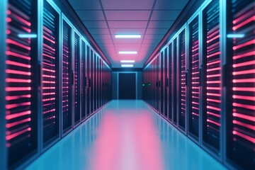 Fototapeta premium Data center corridor with illuminated servers and vibrant lighting effects.