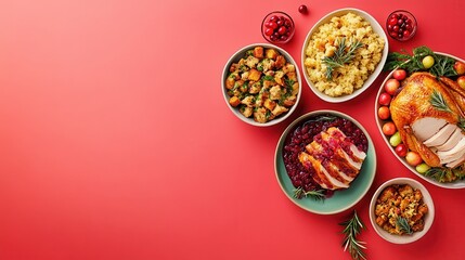 A festive spread featuring roasted turkey, stuffing, cranberry sauce, and side dishes.