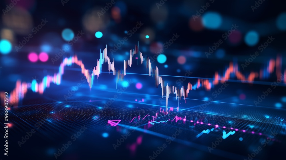 Poster dynamic stock market graph displaying fluctuating trends with bright colors on a digital interface i