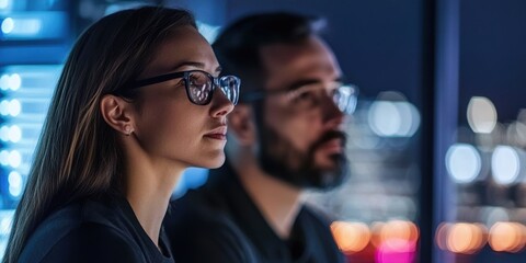 Two IT professionals discussing cybersecurity strategies in a modern office environment, focusing on data protection and technology solutions