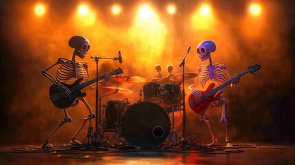 Fototapeta premium Skeleton Band Playing Rock Music on Stage