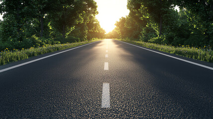 Scenic road with trees, illuminated by golden sunlight.