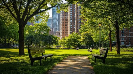 A peaceful park in the city, with benches under green trees and grass.  Tall buildings stand in the background, showing how nature and city life can work together.