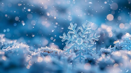 Fototapeta premium Beautiful winter scene with delicate snowflakes and ice crystals on a light blue bokeh background, perfect for Christmas and seasonal designs,holiday cards, and winter-themed marketing materials. 