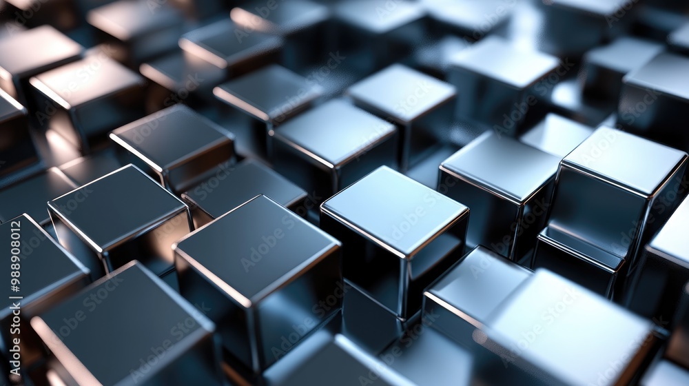 Poster 3d render featuring basic geometric shapes with reflective metal surfaces and cubes ideal for abstra