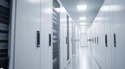 Artificial Intelligence and Large Language Model Training Cluster. White Server Cabinets inside Bright and Clean Large Data Center. Supercomputer and Advanced Cloud Computing Concept.