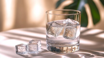 Refreshing Glass of Water with Ice Cubes on a Table
