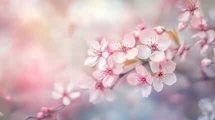 Fototapeta premium A close-up shot of delicate pink cherry blossom flowers against a soft, pastel background, capturing springtime beauty.