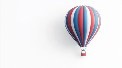 Fototapeta premium Classic hot air balloon in blue and red stripes, floating against a pure white backdrop.