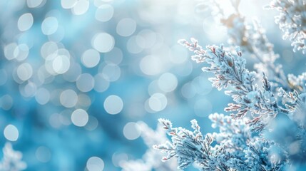 Beautiful winter scene with delicate snowflakes and ice crystals on a light blue bokeh background, perfect for Christmas and seasonal designs,holiday cards, and winter-themed marketing materials.
