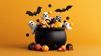 Obraz premium Halloween Cauldron with Ghosts Bats and Candy
