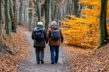 Fototapeta premium An elderly couple hiking through a forest trail in the fall.