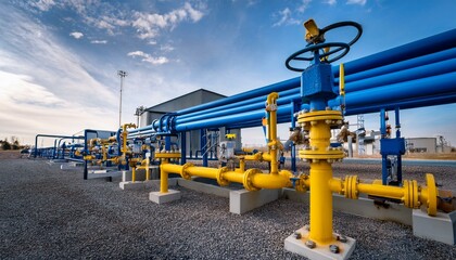 Industrial pipeline system with blue and yellow valves at a manufacturing facility