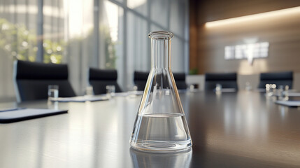Science laboratory glass flask symbolizing innovation and research placed on a table in a business meeting room, with a blurred background of a conference hall and sunlight streaming in.