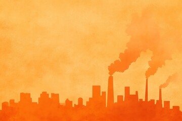 Fototapeta premium Industrial skyline silhouette with smoke against an orange background.
