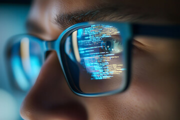 focus on eye close-up view. Focused developer coder wears glasses working on computer looking at programming code data cyber security digital tech reflecting in spectacles developing software program.