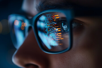 focus on eye close-up view. Focused developer coder wears glasses working on computer looking at programming code data cyber security digital tech reflecting in spectacles developing software program.