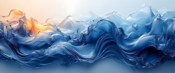 Abstract blue and gold water waves flowing and creating a landscape.