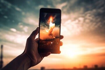 Hand holding phone with a rocket launch in the screen. AI generative. .