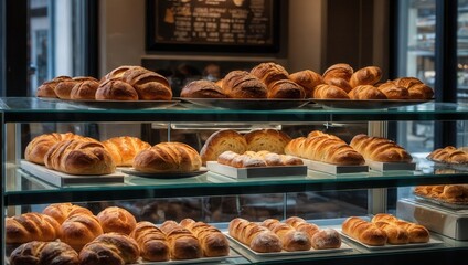 A bakery display case with a variety of breads