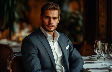 Man in a suit is seated at a fancy restaurant table with assurance.