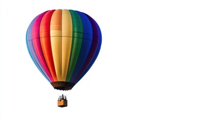 Hot air balloon with rainbow-colored stripes floating in mid-air, set on white background.