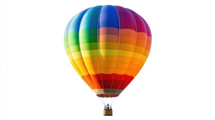 Naklejka premium Hot air balloon with rainbow-colored stripes floating in mid-air, set on white background.