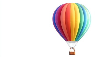 Fototapeta premium Hot air balloon with rainbow-colored stripes floating in mid-air, set on white background.