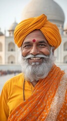 A joyful elderly man with a beaming smile stands before the Taj Mahal.