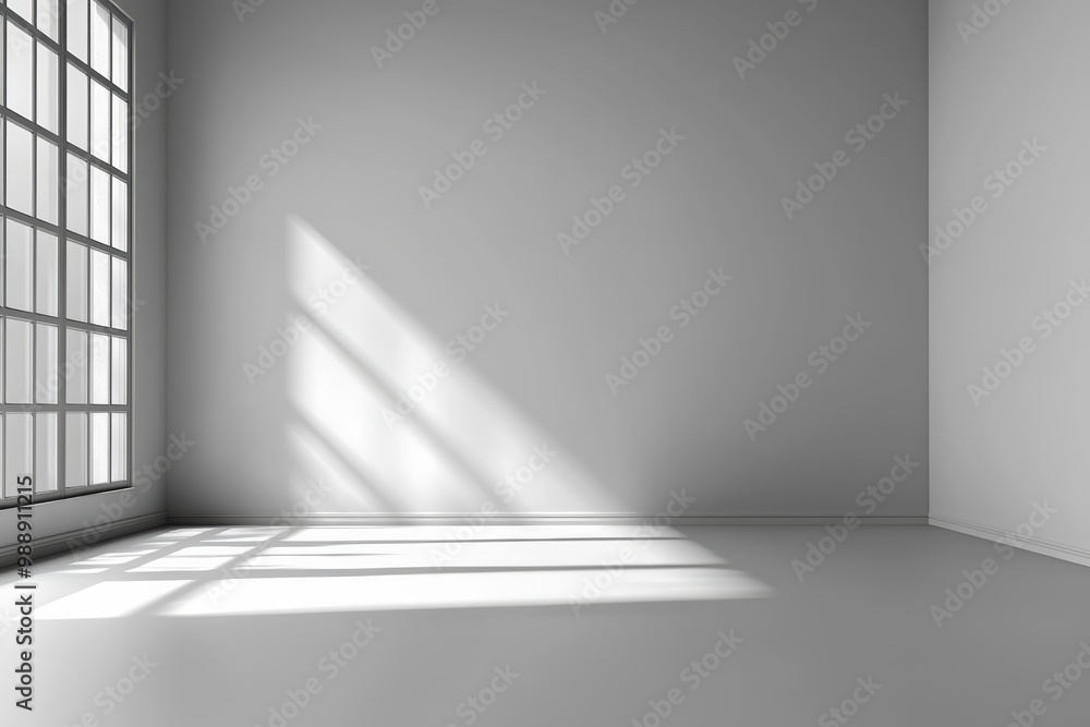 Poster bright and spacious empty room with large windows casting shadows, perfect for interior design or ar