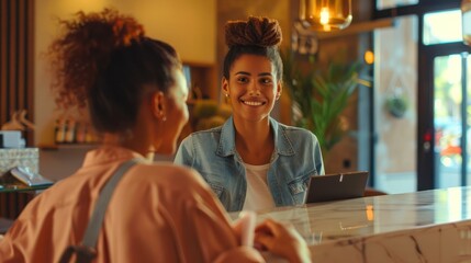 Fototapeta premium A receptionist at a hotel assisting a guest with a booking