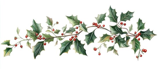 Holly twig featuring leaves and berries isolated on a white background