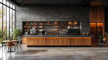 Design a modern cafe interior with a central island, spacious cooking area, and a minimalist mockup wall