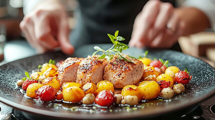 Grilled lamb steak served with vegetables and potatoes, prepared by the restaurant chef, displayed on a plate.