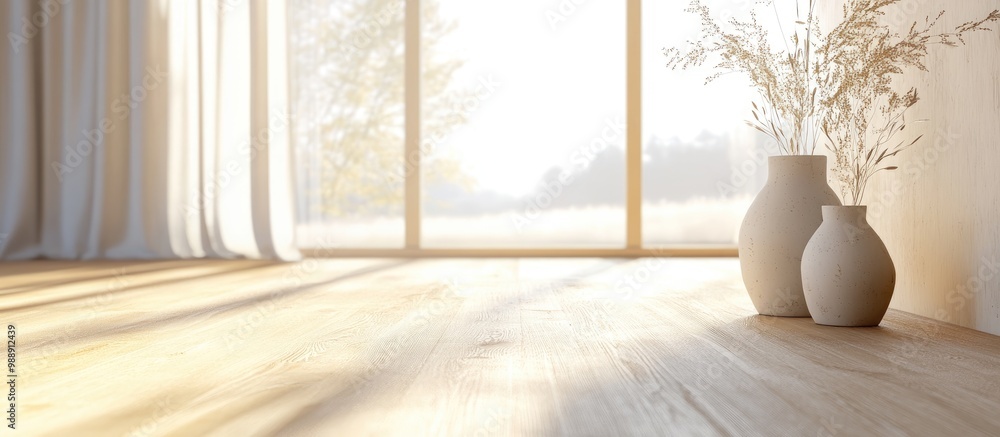 Poster concept of an airy scandinavian room featuring vases on a wooden floor spacious walls and a bright l