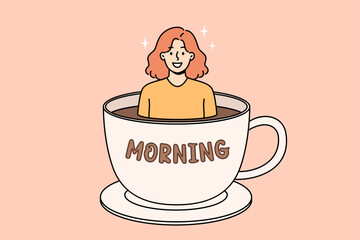 Hot morning coffee in large cup with happy woman looking out of drink for boost of energy. Girl visitor to coffeehouse rejoices at opportunity to enjoy fresh coffee from arabica beans