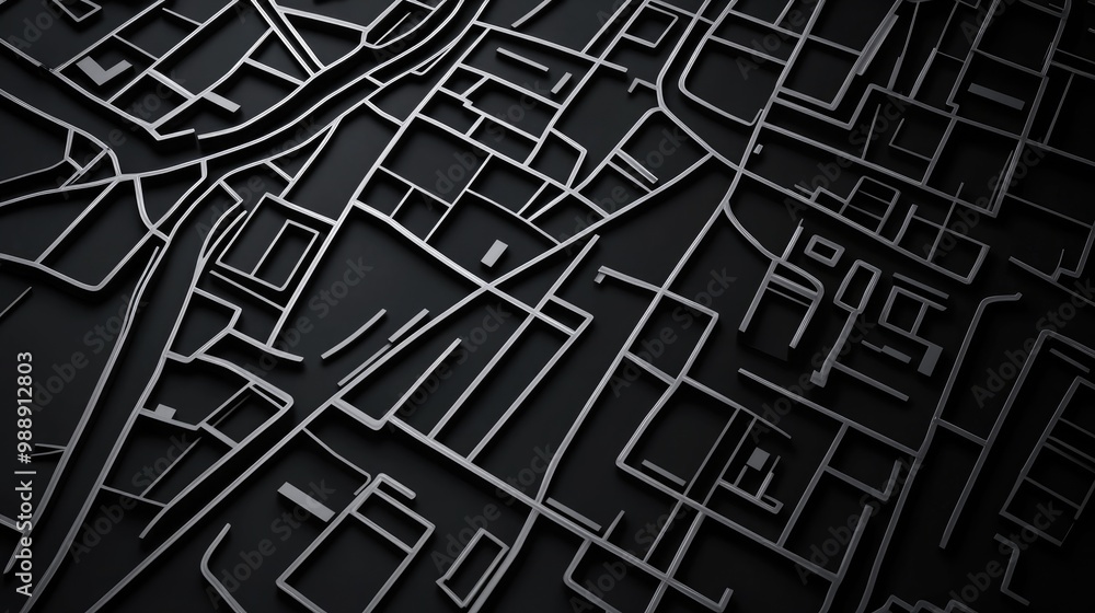 Poster stylized street map created with white lines on a black background top flat view in a 3d render illu
