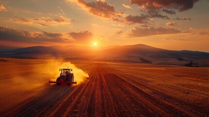 Red tractor driving across a field at sunset with mountains in the background. AI generative. .