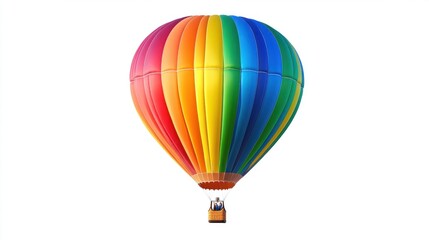 Fototapeta premium Vivid rainbow-patterned hot air balloon floating high, isolated on white.