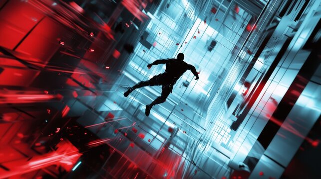 Dramatic depiction of a cheater is escapee in a high-tech facility, evading capture with advanced gadgets and futuristic technology, surrounded by intense lighting