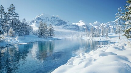 Snowy mountain range, frozen lake and pine trees in a picturesque landscape. AI generative. .