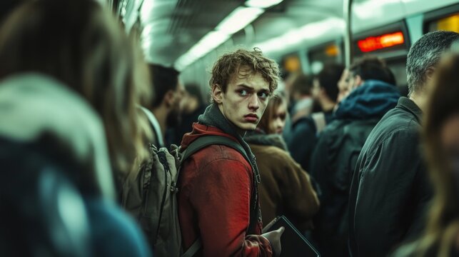 Cheater is escapee on a crowded train, blending in with passengers while avoiding capture, showcasing a blend of chaos and strategic maneuvering