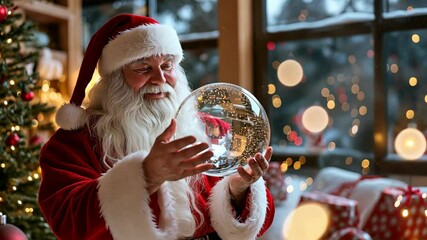 Santa Claus Holding A Snow Globe At Christmas - Powered by Adobe