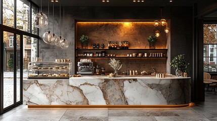 Luxurious modern cafe with a marble island, chandelier lighting, and an elegant mockup wall for branding