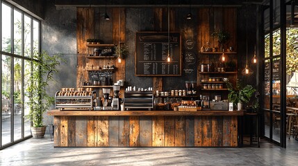 Cozy cafe interior with rustic wood and metal details, central cooking island, and a vintage mockup wall